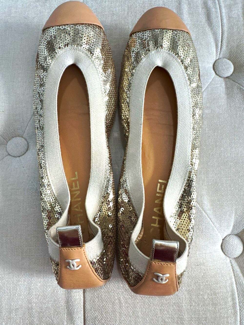 Authentic CHANEL Gold Sequin Cap-Toe Ballet Flats – Size 39 (US 8/8.5)